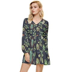 Nature With Bugs Tiered Long Sleeve Mini Dress