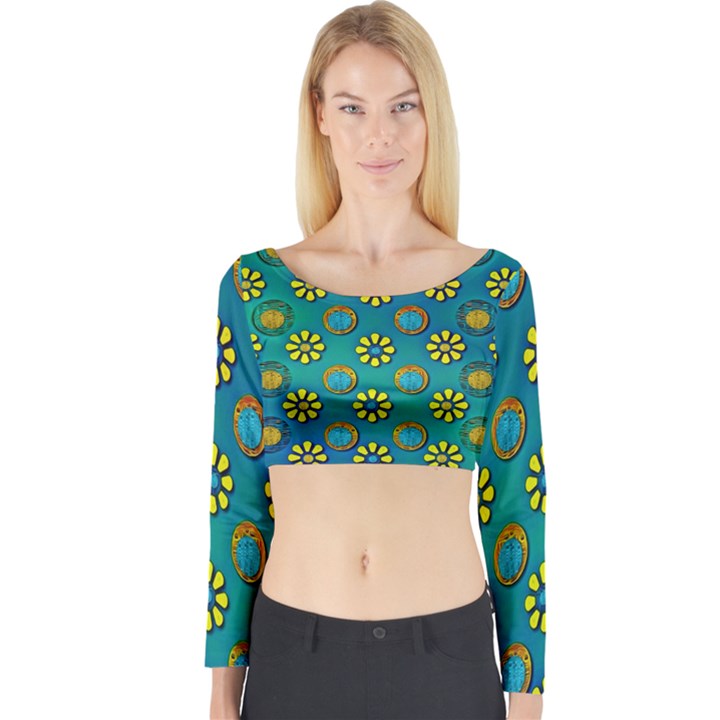 Yellow And Blue Proud Blooming Flowers Long Sleeve Crop Top