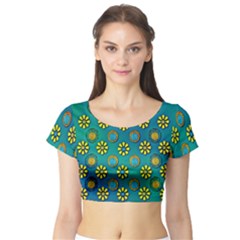 Yellow And Blue Proud Blooming Flowers Short Sleeve Crop Top by pepitasart