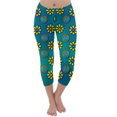 Yellow And Blue Proud Blooming Flowers Capri Winter Leggings  by pepitasart