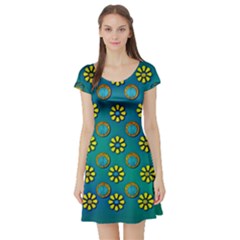 Yellow And Blue Proud Blooming Flowers Short Sleeve Skater Dress by pepitasart