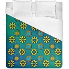 Yellow And Blue Proud Blooming Flowers Duvet Cover (california King Size) by pepitasart