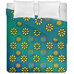 Yellow And Blue Proud Blooming Flowers Duvet Cover Double Side (california King Size) by pepitasart