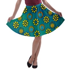 Yellow And Blue Proud Blooming Flowers A-line Skater Skirt by pepitasart