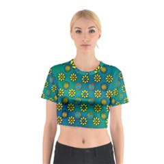 Yellow And Blue Proud Blooming Flowers Cotton Crop Top by pepitasart