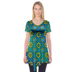 Yellow And Blue Proud Blooming Flowers Short Sleeve Tunic  by pepitasart