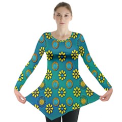 Yellow And Blue Proud Blooming Flowers Long Sleeve Tunic  by pepitasart