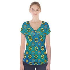 Yellow And Blue Proud Blooming Flowers Short Sleeve Front Detail Top by pepitasart