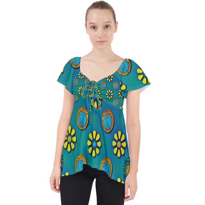 Yellow And Blue Proud Blooming Flowers Lace Front Dolly Top