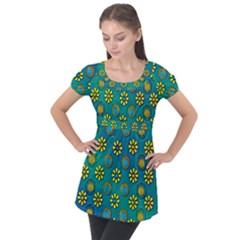 Yellow And Blue Proud Blooming Flowers Puff Sleeve Tunic Top by pepitasart