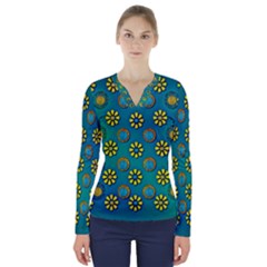 Yellow And Blue Proud Blooming Flowers V-neck Long Sleeve Top by pepitasart