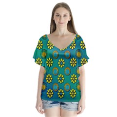 Yellow And Blue Proud Blooming Flowers V-neck Flutter Sleeve Top by pepitasart