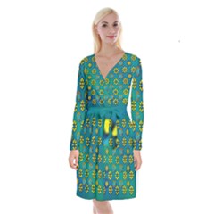 Yellow And Blue Proud Blooming Flowers Long Sleeve Velvet Front Wrap Dress by pepitasart