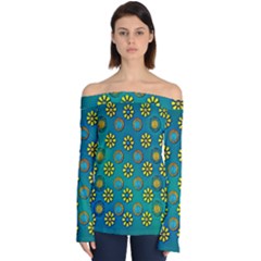 Yellow And Blue Proud Blooming Flowers Off Shoulder Long Sleeve Top by pepitasart