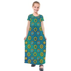 Yellow And Blue Proud Blooming Flowers Kids  Short Sleeve Maxi Dress by pepitasart