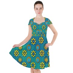 Yellow And Blue Proud Blooming Flowers Cap Sleeve Midi Dress by pepitasart