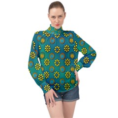 Yellow And Blue Proud Blooming Flowers High Neck Long Sleeve Chiffon Top by pepitasart