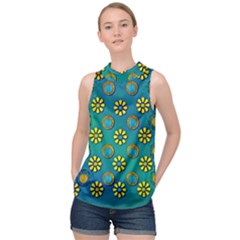 Yellow And Blue Proud Blooming Flowers High Neck Satin Top by pepitasart