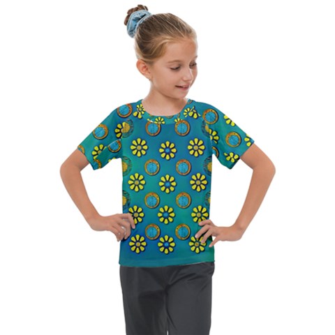 Yellow And Blue Proud Blooming Flowers Kids  Mesh Piece Tee by pepitasart