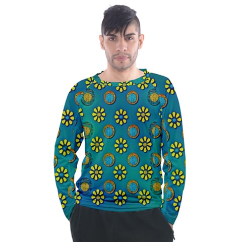 Yellow And Blue Proud Blooming Flowers Men s Long Sleeve Raglan Tee by pepitasart