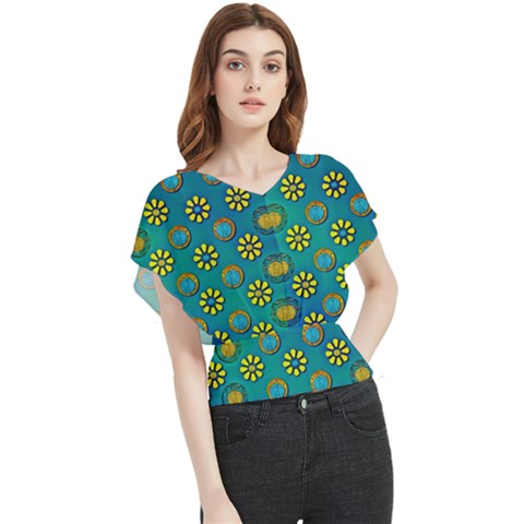 Yellow And Blue Proud Blooming Flowers Butterfly Chiffon Blouse by pepitasart