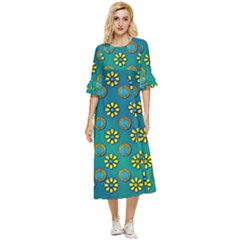 Yellow And Blue Proud Blooming Flowers Double Cuff Midi Dress by pepitasart