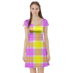 Pink Tartan-8 Short Sleeve Skater Dress by tartantotartanspink