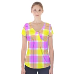 Pink Tartan-8 Short Sleeve Front Detail Top by tartantotartanspink