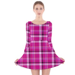 Pink Tartan-9 Long Sleeve Velvet Skater Dress