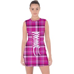 Pink Tartan-9 Lace Up Front Bodycon Dress by tartantotartanspink