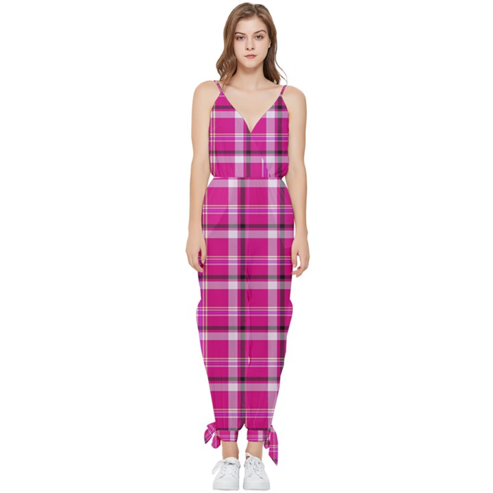 Pink Tartan-9 Sleeveless Tie Ankle Chiffon Jumpsuit