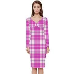 Pink Tartan Long Sleeve V-neck Bodycon Dress  by tartantotartanspink