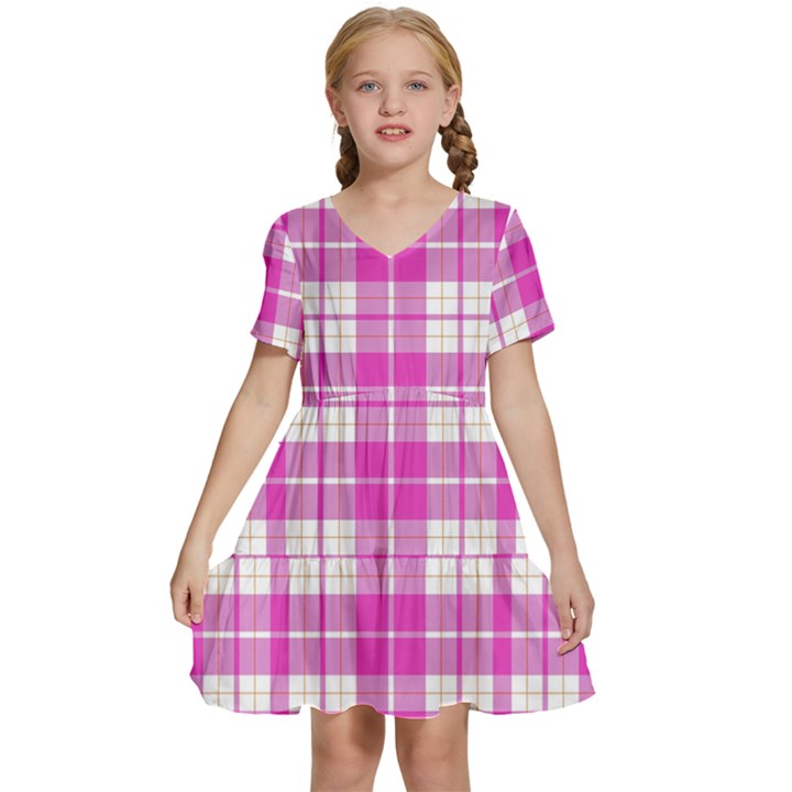 Pink Tartan Kids  Short Sleeve Tiered Mini Dress