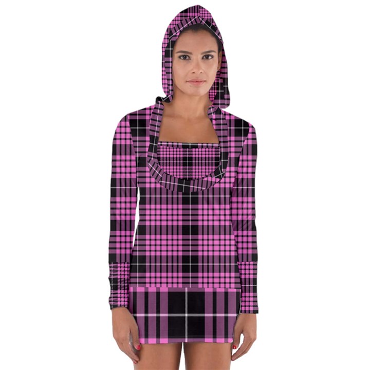 Pink Tartan 3 Long Sleeve Hooded T-shirt