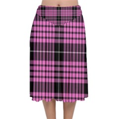 Pink Tartan 3 Velvet Flared Midi Skirt