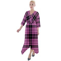 Pink Tartan 3 Quarter Sleeve Wrap Front Maxi Dress