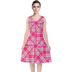 Pink Tartan-10 V-neck Midi Sleeveless Dress  by tartantotartanspink