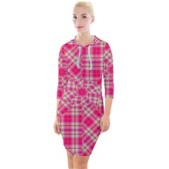 Pink Tartan-10 Quarter Sleeve Hood Bodycon Dress