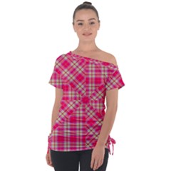 Pink Tartan-10 Off Shoulder Tie-up Tee