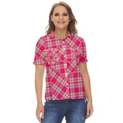 Pink Tartan-10 Women s Short Sleeve Double Pocket Shirt