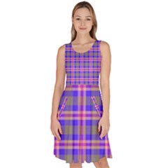 Tartan Purple Knee Length Skater Dress With Pockets