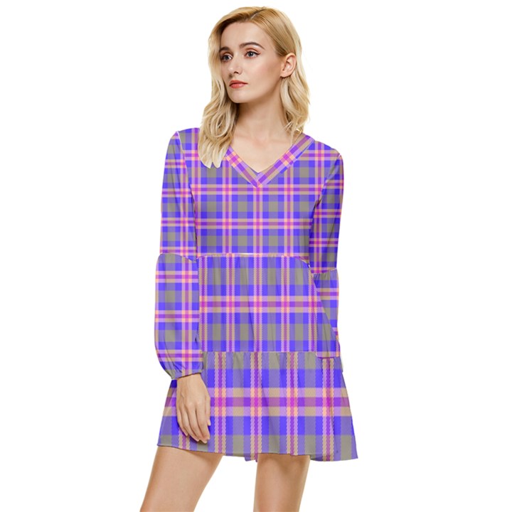 Tartan Purple Tiered Long Sleeve Mini Dress