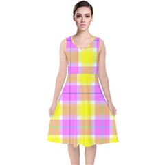 Pink Tartan-8 V-neck Midi Sleeveless Dress  by tartantotartanspink2