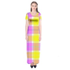 Pink Tartan-8 Short Sleeve Maxi Dress by tartantotartanspink2