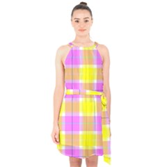 Pink Tartan-8 Halter Collar Waist Tie Chiffon Dress