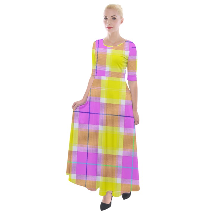 Pink Tartan-8 Half Sleeves Maxi Dress