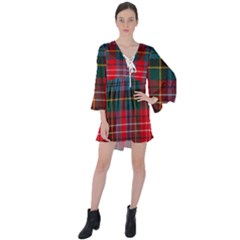 Caledonia Modern Tartan V-neck Flare Sleeve Mini Dress by tartantotartansred