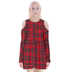 Royal Stewart Tartan Velvet Long Sleeve Shoulder Cutout Dress