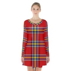 Tartan Pattern 40 Long Sleeve Velvet V-neck Dress