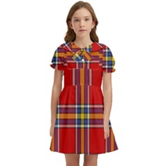 Tartan Pattern 40 Kids  Bow Tie Puff Sleeve Dress